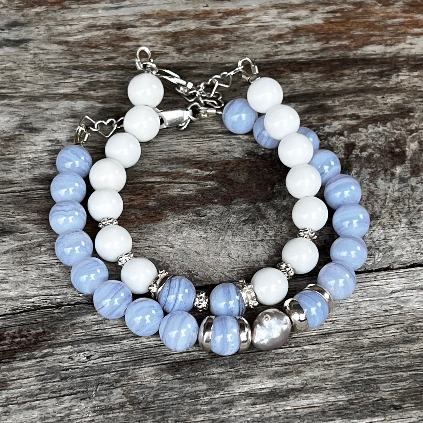 CHALCEDONY, WHITE AGATES & BAROQUE PEARLS